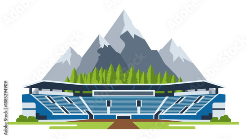 Mountainous stadium landscape with scenic forest backdrop