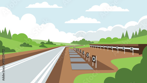 Scenic country road with targets in a flat cartoon style landscape