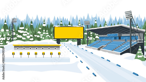 Winter biathlon arena with snowy landscape and empty stands