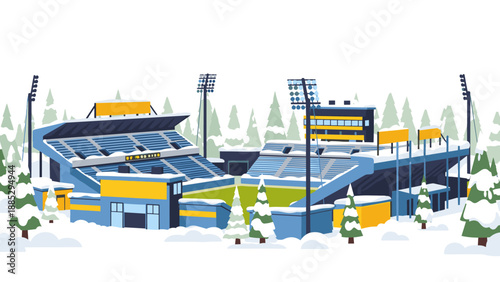 Snowy football stadium in winter wonderland with blue and yellow accents