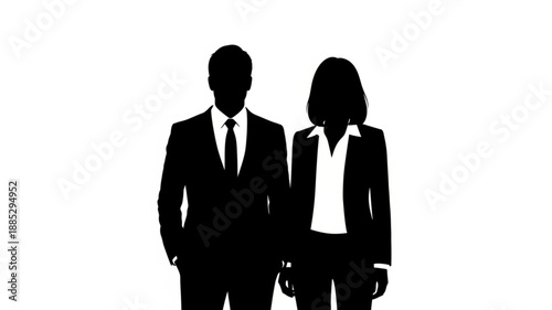 Silhouette of a man and woman in business attire.