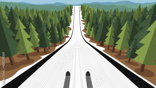 Skiing adventure through snowy forest slopes with evergreen trees and mountains