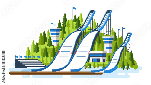 Winter sports venue with ski jumps in scenic mountain landscape