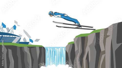 Ski jumper leaping over waterfall near stadium in dynamic flat style