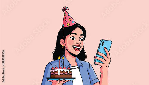 Excited girl with birthday cake reading message on smartphone pop art style