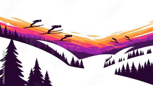 Dynamic ski jumpers silhouetted against vibrant mountain sunset landscape