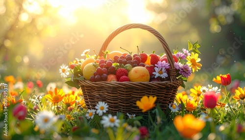 A Wicker Basket Overflowing with Fresh Fruits and Colorful Flowers in a Sunlit Meadow.