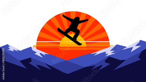 Sunset snowboarding adventure with bold silhouette over majestic mountain range