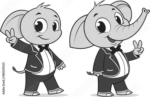 A cartoon-style image of a young elephant wearing a formal tuxedo, centered on a white background. The elephant is depicted in a full-body view and stands upright, facing forward, conveying a friendly