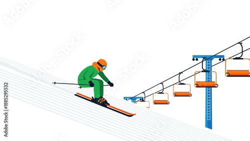 Skiing adventure: skier descends slope with chairlifts in background