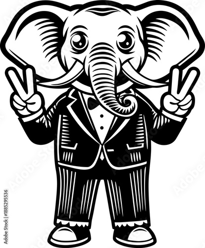 A cartoon-style image of a young elephant wearing a formal tuxedo, centered on a white background. The elephant is depicted in a full-body view and stands upright, facing forward, conveying a friendly