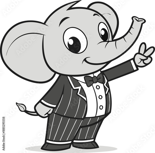 A cartoon-style image of a young elephant wearing a formal tuxedo, centered on a white background. The elephant is depicted in a full-body view and stands upright, facing forward, conveying a friendly