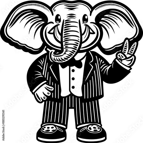 A cartoon-style image of a young elephant wearing a formal tuxedo, centered on a white background. The elephant is depicted in a full-body view and stands upright, facing forward, conveying a friendly