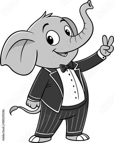 A cartoon-style image of a young elephant wearing a formal tuxedo, centered on a white background. The elephant is depicted in a full-body view and stands upright, facing forward, conveying a friendly