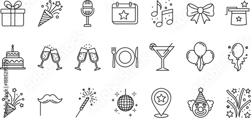 Party and celebration icon set with gifts, cake, music, drinks, fireworks and festive decorations in outline vector style