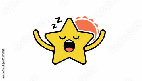 A cute yellow star character yawning widely with its eyes closed and arms outstretched, indicating sleepiness.
