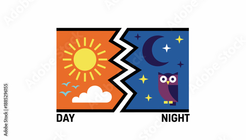 A split image showing the contrast between daytime with a bright sun and birds, and nighttime with a moon, stars, and an owl.