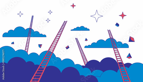 Several ladders ascend into the sky, reaching towards clouds and stars, symbolizing ambition and aspiration.