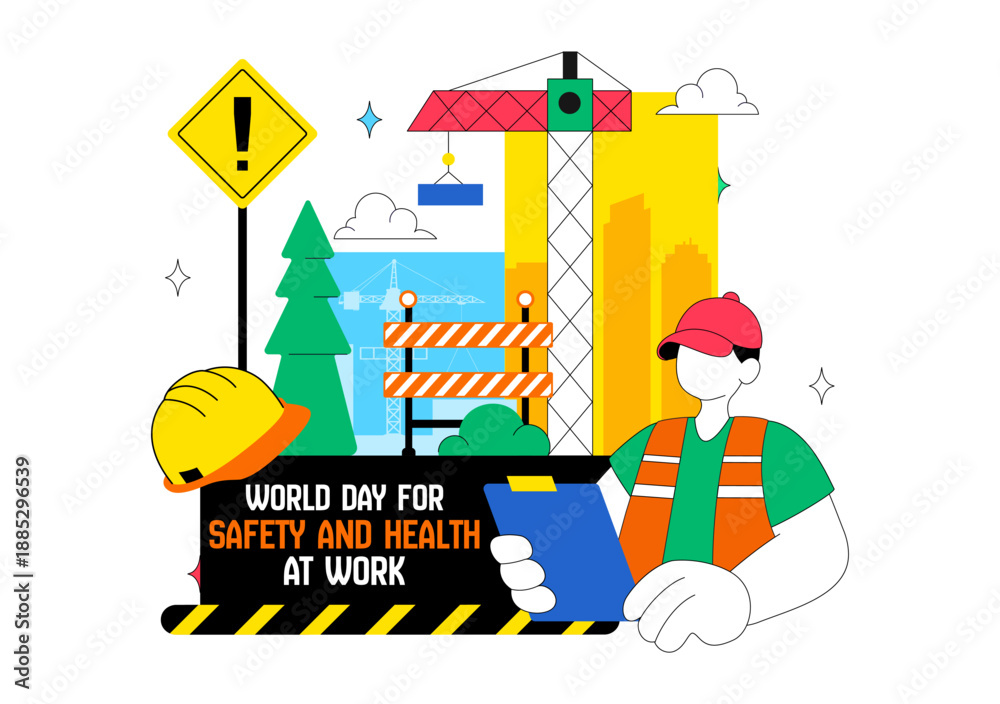 Fototapeta premium World Day For Safety And Health At Work Vector Illustration April 28 Featuring Mechanic Tools Construction Helmet Flat Cartoon Background