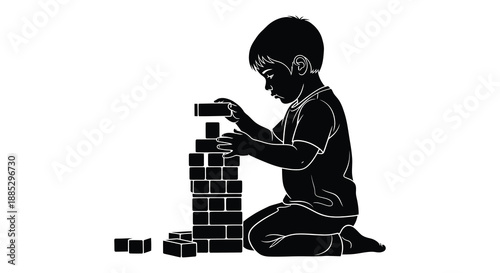 a young boy is intently focused while carefully constructing a tower of colorful building blocks presented as a striking silhouette