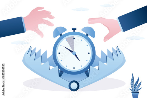 Time management, giant alarm clock in animal trap. Businessmen hands picks watch in trap, bait, lie, problems with time and punctuality.