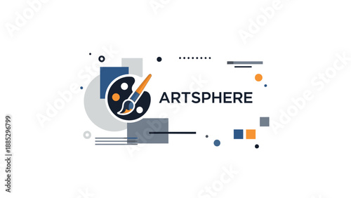 Logo design for Artsphere with a palette and brush on a geometric background with orange, blue, and gray colors.