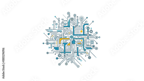 Close-up of a colorful circuit board design with blue, yellow, and gray components on a white background with a technical and modern feel.