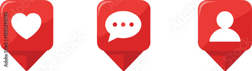 Social media notification pin icon set with like, message and profile symbols in modern flat vector style