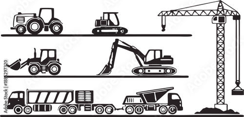 A collection of 28 distinct construction vehicle icons arranged in three rows, set against a transparent background. Each icon is rendered in a simple, clean black outline style. The first row feature