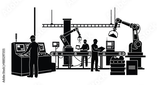 automated factory interior showcasing robotic arms conveyor belts and human workers interacting with technology as a striking silhouette high quality professional