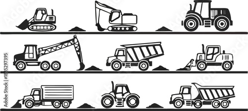 A collection of 28 distinct construction vehicle icons arranged in three rows, set against a transparent background. Each icon is rendered in a simple, clean black outline style. The first row feature