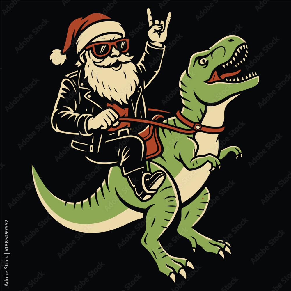Obraz premium Biker Santa Riding Tyrannosaurus Rex Rodeo Christmas Illustration