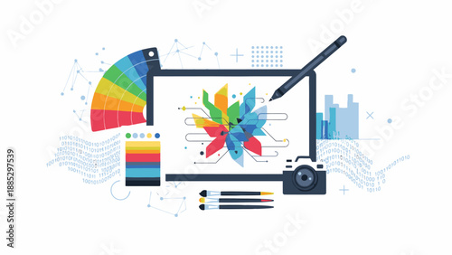 Graphic design elements including a color palette, stylized flower, and digital tools on a tablet with a stylus, against a clean white background with subtle design patterns.