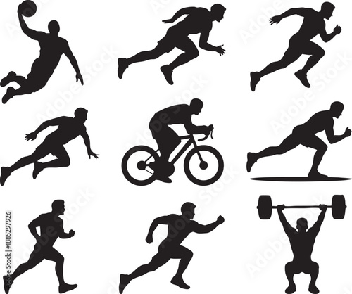 Silhouettes of people engaging in various sports and physical activities against a white background