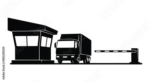 a stark black and white depiction showcases a security checkpoint with a large truck passing through presented as a silhouette