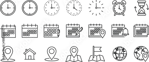 Time, calendar and location icon set with clocks, schedules, maps and navigation symbols in clean outline vector style