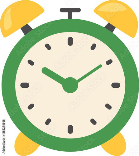Vibrant green analog alarm clock with bright yellow bells and feet, a simple yet effective symbol for punctuality, managing daily schedules, and the concept of waking up or starting tasks on time