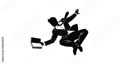 A dynamic businessman in a suit appears to be leaping forward with a briefcase capturing a moment of ambition and forward momentum silhouette