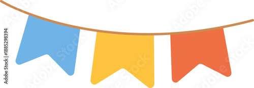Bright and colorful string of festive triangular flags, a vibrant graphic illustration perfect for decorating parties, celebrations, and cheerful event designs