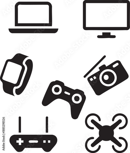 Black and white of a laptop, monitor, smartwatch, camera, game controllers, and a drone