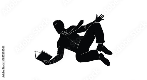 a dynamic image depicts a person falling backwards with a book capturing a moment of imbalance and movement in silhouette