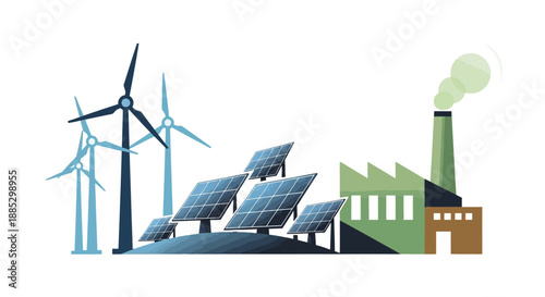 A flat illustration of industrial facilities with solar panels and wind turbines, representing a mix of traditional and renewable energy sources in an industrial setting.