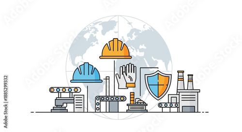 Vector illustration of industrial and engineering elements including hard hats, robotic arm, and shield, set against a backdrop of the globe, symbolizing global industry and teamwork.