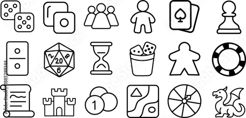 Board Game Stroke Icon Collection. Featuring Dice, Meeple, Cards, Chess, Strategy and Tabletop Gaming Elements. Editable Outline Icons.