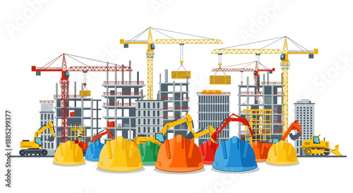 Illustration of a construction site with colorful hard hats and industrial equipment in front of buildings and cranes on a white background.