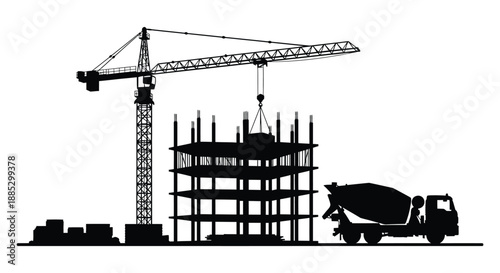 A striking black and white image showcases a construction site with a crane building and cement mixer presented as a silhouette