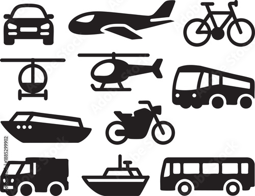 Black and white of various transportation vehicles including cars bicycles boats and planes 1
