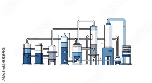 Industrial vector illustration of a complex engineering system with interconnected pipes and machinery in a blue, white, and gray color scheme on a clean white background.