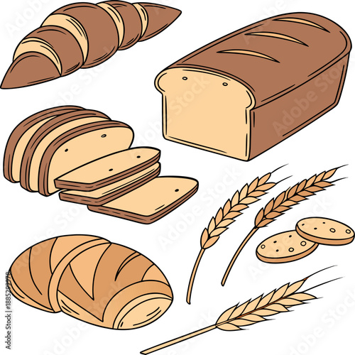 Various types of bread, including loaves, slices, and rolls, are arranged against a stark white background. The image showcases a collection of baked goods, each distinct in shape, size, and crust typ