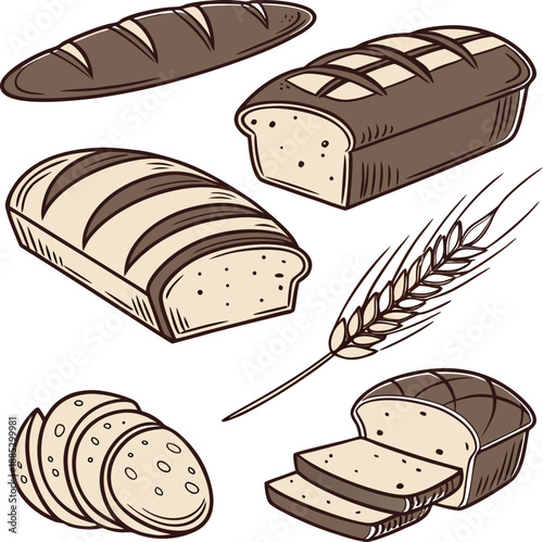 Various types of bread, including loaves, slices, and rolls, are arranged against a stark white background. The image showcases a collection of baked goods, each distinct in shape, size, and crust typ